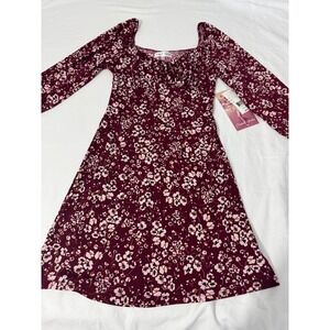 Emerald Sundae Burgundy Floral Long Sleeve Mini Dress XXS Sweetheart Tie Front